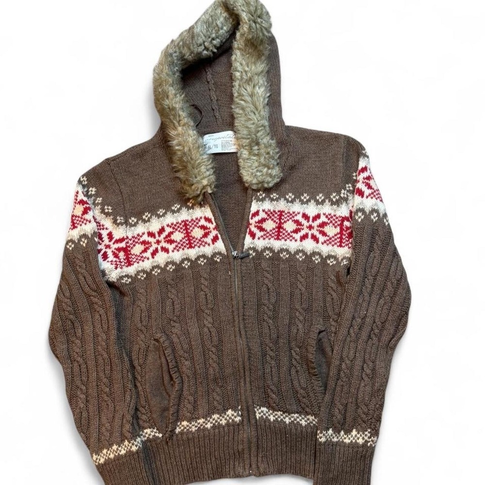 Y2K Aeropostale Fair Isle Sweater Faux Fur Zip Hoodie Bella Swan Snowflake XL